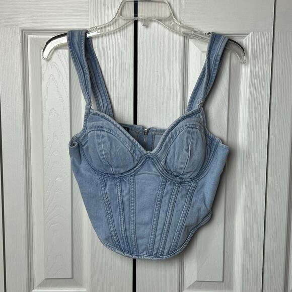 Pretty Little Thing Light Blue Wash Dip Hem Bust Cup Denim Corset 6 - Picture 2 of 9
